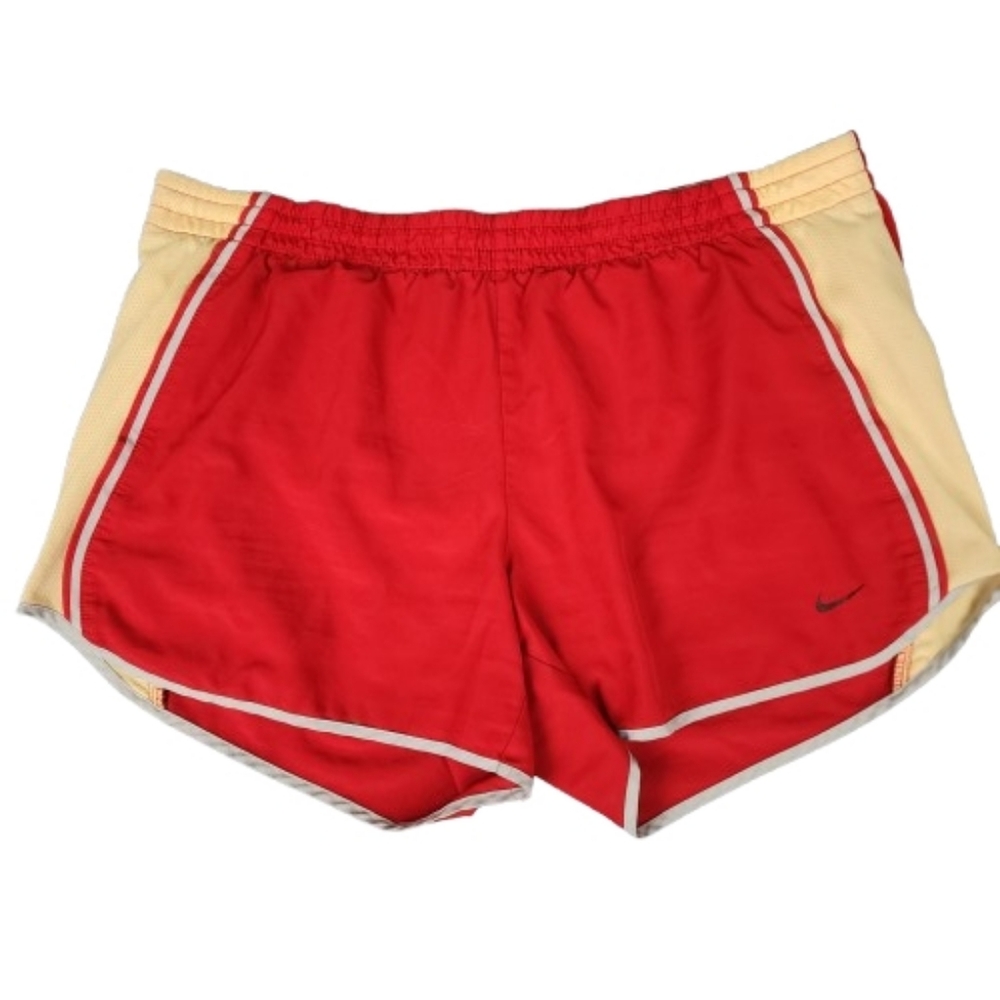 Nike Dri-Fit Women's Red Athletic Shorts with Yellow Side Panels Medium Sporty